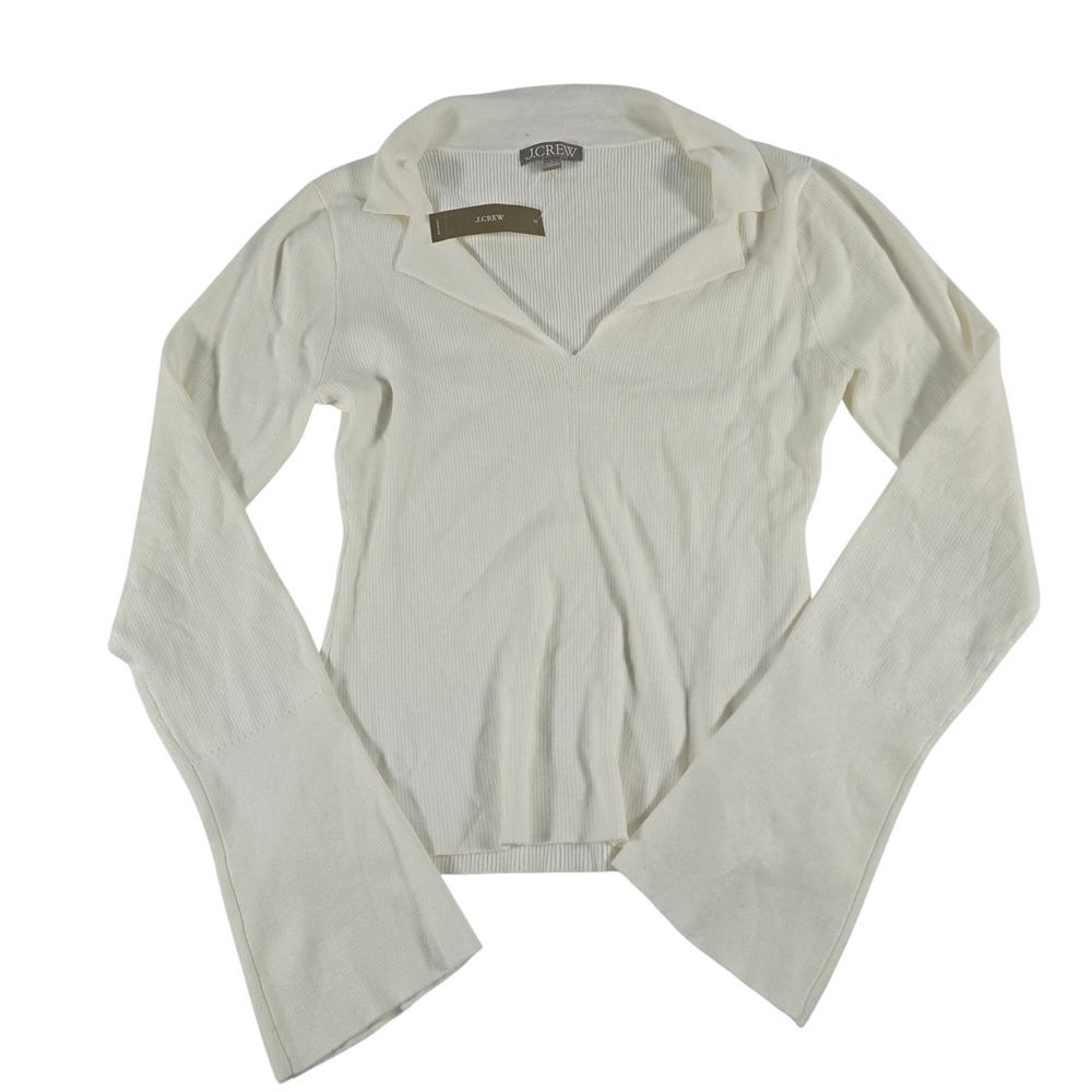 J.Crew Ivory Ribbed Knit Bell Sleeve Polo V-Neck Top CE732 Size L NEW